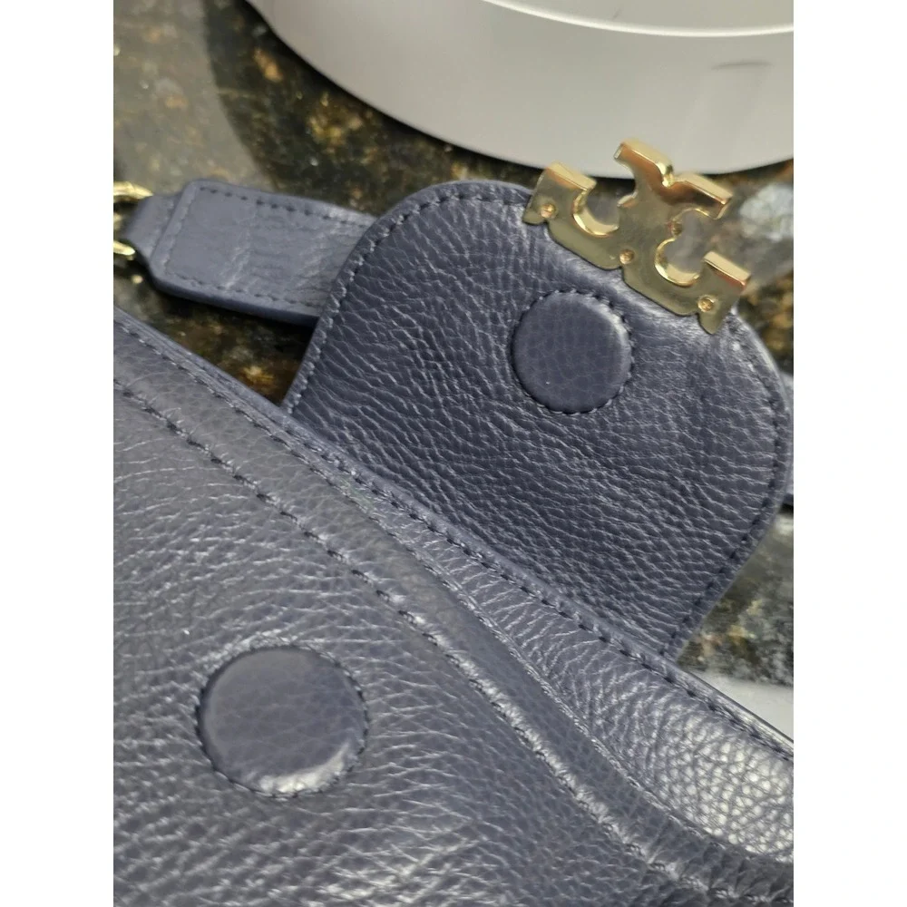 Tory Burch Link-Chain Shoulder Tote Bag Navy Blue Pebbled Leather Gold Large